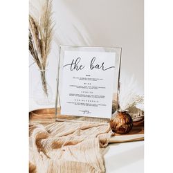 wedding bar menu sign, editable, printable modern bar menu sign, calligraphy wedding sign template, simple cheers menu,