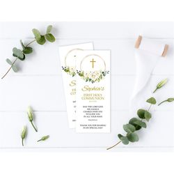 First Communion Bookmark Template, EDITABLE, Floral Bookmark Keepsake, Printable White Flowers Baptism Favors, Rose & Go
