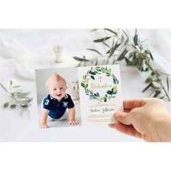 eucalyptus greenery photo dedication invitation, editable printable floral neutral dedication card template, green & gol