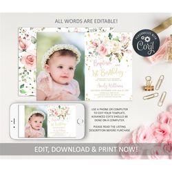 editable blush pink floral baptism and baby's first birthday party invitation, printable photo 1st birthday invite, boho