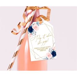 pop when she pops! baby shower wine tag template, editable, blush pink & navy floral champagne bottle tags, 2x3', blue r