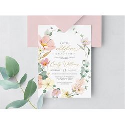 wildflower boho baby shower invitation, editable template, floral printable girl invite, pink & red floral brunch card,