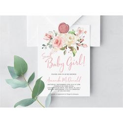 editable baby shower invitation, rose flower soft pastel invite, blush pink floral template, printable sweet girl card,