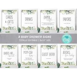 greenery baby shower sign pack, 100 editable, green leaves custom package bundle, printable baby sprinkle tea sign 8x10,