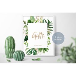 tropical baby shower gifts sign, printable gifts sign template, greenery shower sign template, neutral baby shower, boy,