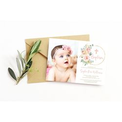 baptism invitation, editable template, blush pink floral printable christening invite girl, dedication photo card, gold,