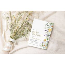 wildflowers baby shower invitation, editable template, printable daisies & lavender wild flowers brunch invite, boho yel
