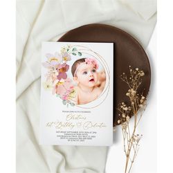 Wildflower Baby's First Birthday & Dedication Invitation, EDITABLE Template, Red and Pink Printable 1st Birthday Invite,