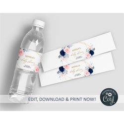 blush pink & navy floral bottle label, editable template, printable water labels, baby shower, gold frame rose flowers b