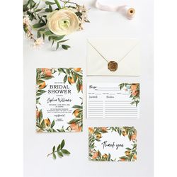 citrus bridal shower invitation set, editable template, printable orange brunch invite suite, summer floral bundle, reci