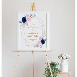 blush pink & navy baptism welcome sign, editable template, boho floral first communion, blue rose flowers printable larg
