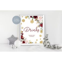 christmas shower drinks sign, printable burgundy rose & gold snowflakes party sign, winter bridal brunch, baby sprinkle,
