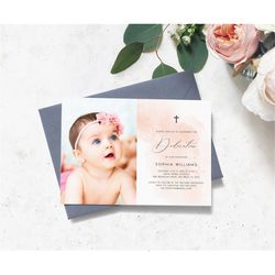 blush dedication invitation, editable template, printable watercolor photo girl communion invite, modern christening, ca