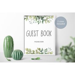 greenery guest book sign, printable baby shower guest book sign, green leaves bridal brunch template, neutral floral car
