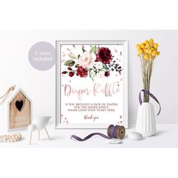 marsala & rose gold diaper raffle sign, burgundy printable baby shower sign, girl brunch activities, floral template, in