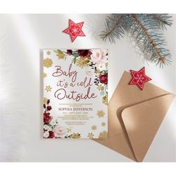 baby it's cold outside invitation, burgundy rose & golden snowflakes printable christmas baby shower invitation, sprinkl