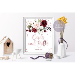 marsala & rose gold cards and gifts sign, floral printable template, boho girl baby shower sign, burgundy bridal brunch,