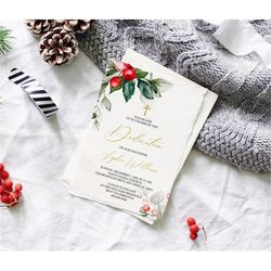 christmas baby dedication invitation, editable template, printable watercolor neutral floral first communion invite, win