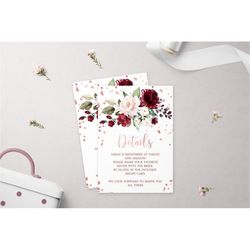 marsala & rose gold details card, editable, printable insert card, burgundy floral template, shower, birthday, wedding,
