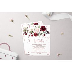 Marsala & Rose Gold Details Card, EDITABLE, Printable Insert Card, Burgundy Floral Template, Shower, Birthday, Wedding,