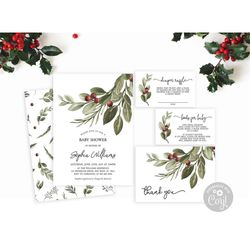 christmas baby shower invitation set, editable template, printable floral brunch invite, green leaf event pack, holiday