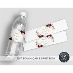 marsala & blush pink floral water bottle label, editable red rose flowers water labels, printable birthday template, cus