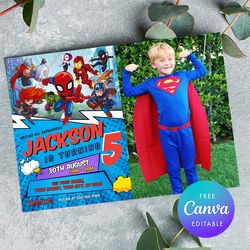 superheroes birthday invitation, any age birthday superheroes invitation comic style canva editable instant download