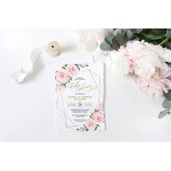 blush pink flowers baby shower invitation, editable template, boho floral girl printable shower invite, gold frame, rose