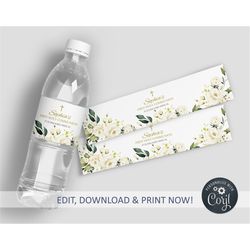 white flowers water bottle label, editable first communion water labels printable template, christening, floral baptism,