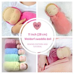 diy waldorf swaddle sleeping doll 11" (28 cm) tall. pdf sewing pattern and tutorial.