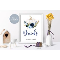 blue pumpkin shower drinks sign, fall autumn printable party sign, navy & white floral boy brunch template, bridal, bapt