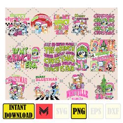 12 pink blue dog & christmas png bundle, blue dog and family png, christmas cartoon png, funny christmas 2023 png