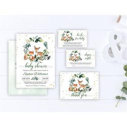 woodland baby shower invitation set, editable template, printable green wreath invite, couples, greenery boy brunch card