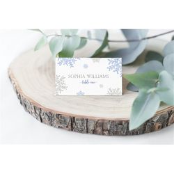 winter shower place card, editable template, printable blue & silver snowflakes name cards, christmas seating cards, bab