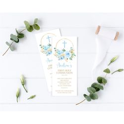 first holy communion bookmark, editable template, blue rose floral bookmark keepsake, printable christening favors, gold