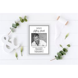 funeral invitation template, editable, printable announcement, man memorial service, simple, modern celebration of life,