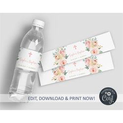 blush pink bottle label, 100 editable, baptism water labels printable template, christening, holy communion, dedication,