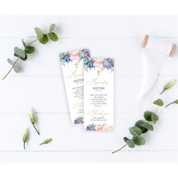 succulent baptism bookmark template, editable, blush pink floral bookmark keepsake, printable christening favors, girl,