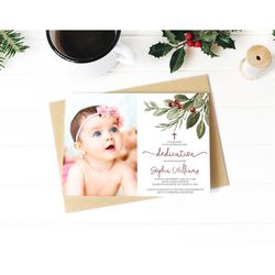 christmas baby dedication invitation, editable template, printable green floral & red berries photo first communion, win