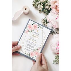 blush pink flowers baptism invitation, editable template, boho floral girl printable christening invite, gold frame rose