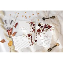 Fall in Love Bridal Shower Invitation Set, EDITABLE Template, Printable Fall Autumn Wildflowers Bridal Brunch Invite, Bo