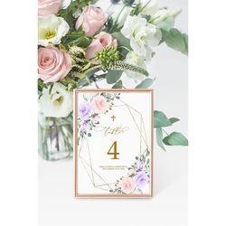 Blush Pink & Violet Flowers Table Numbers, EDITABLE Template, Printable Boho Purple Rose Seating Cards, Lavender Flowers