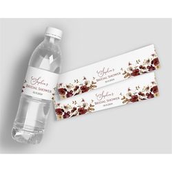 editable fall wildflower bottle label, red & white flowers water labels, printable autumn bridal shower template, custom