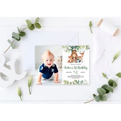 woodland baby's first birthday invitation, editable template, printable 1st birthday invite with photo, floral, animals,