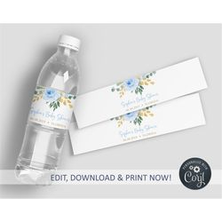 editable blue flovers bottle label, water labels printable birthday template, baby shower label, custom water bottle lab