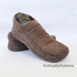 Mens Brown Slipper Socks, Wool Gifts for Men, Travel Slippers, Christmas Gifts for Dad, Knit Moccasin Socks, Bed Socks