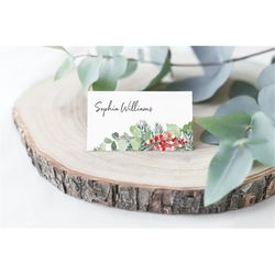 christmas place cards, editable, printable floral place card template, red berries seating card, name card, escort card,