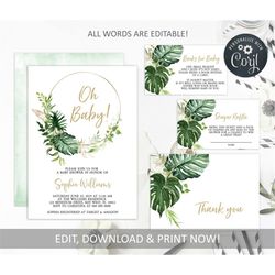 editable tropical baby shower invitation set, greenery printable oh baby template, green and gold invite, palm leaf bund