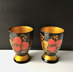 pair of vintage ussr russian vodka cups |  floral serving pieces hand painted | black gold oxblood red, 2 cups