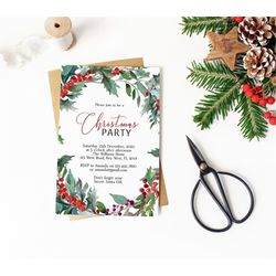 green wreath christmas invitation, editable template, printable merry christmas party invite, holiday feast, joyful, diy